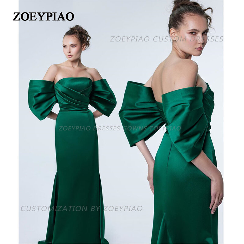 Green Strapless Satin Floor Length Prom Dresses Short Sleeves Straight Custom Evening Gown Formal Party Dress 2024