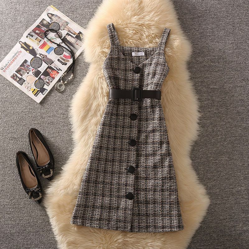 Colete feminino xadrez de lã justo, vestido de comprimento médio, suéter de malha base, conjunto de 2 peças, outono e inverno
