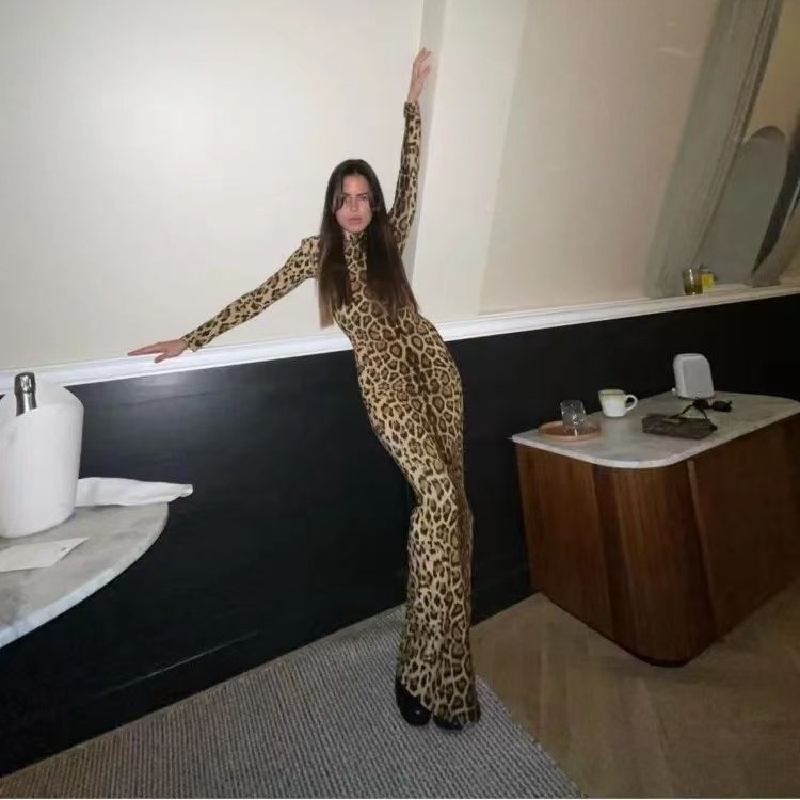 Gaun lengan panjang ramping macan tutul wanita gaun pesta klub Vestidos jubah seksi 2024 baru