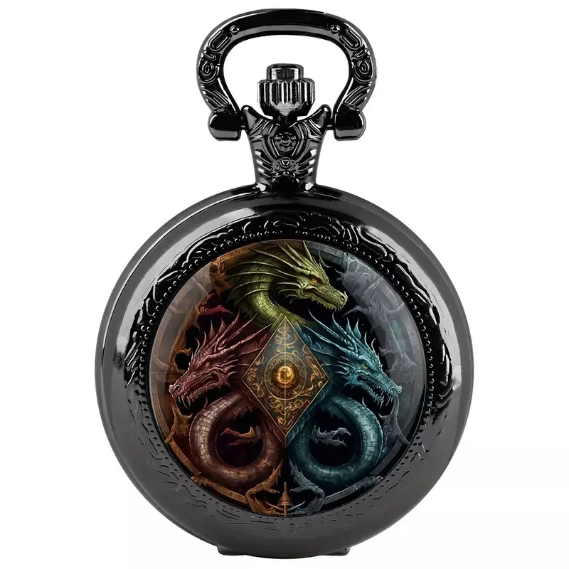Retro Dragão Quartz Pocket Watch, Relógio Pingente Único, Cool Black Colar Presente, 1Pc
