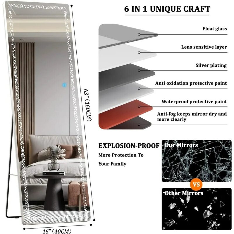 Bodens piegel, 62 "x 17" Ganzkörper spiegel, mit LED-Leuchten, mit Dreieck Muster Licht, Dimmen & 3 Farbmodi, weiß