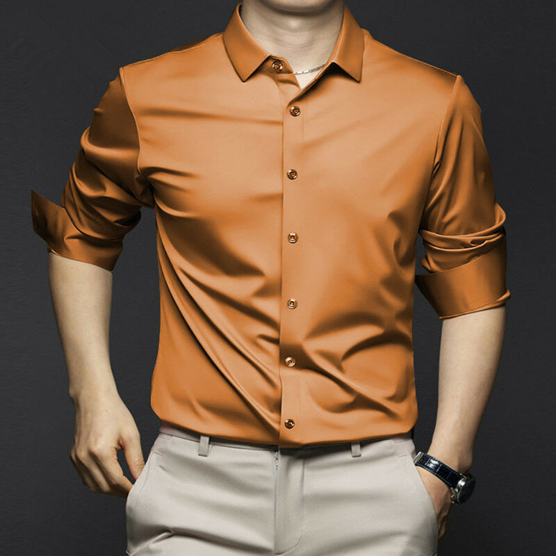 عالية الجودة الرجال قميص طويل الأكمام الفاخرة مقاومة التجاعيد غير الحديد بلون الأعمال عادية الجليد الحرير البوبلين قمصان 6XL
