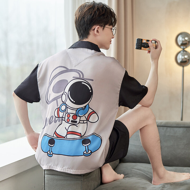 Conjunto de Pijama de tela de seda para hombre, ropa de dormir de verano para adultos, ropa de casa coreana
