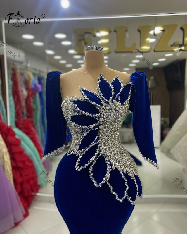 Vestido de noche azul real de sirena de terciopelo, manga corta, hoja 3D, diamantes de imitación de cristal, vestidos formales para ocasiones, elegante vestido de boda, 2024