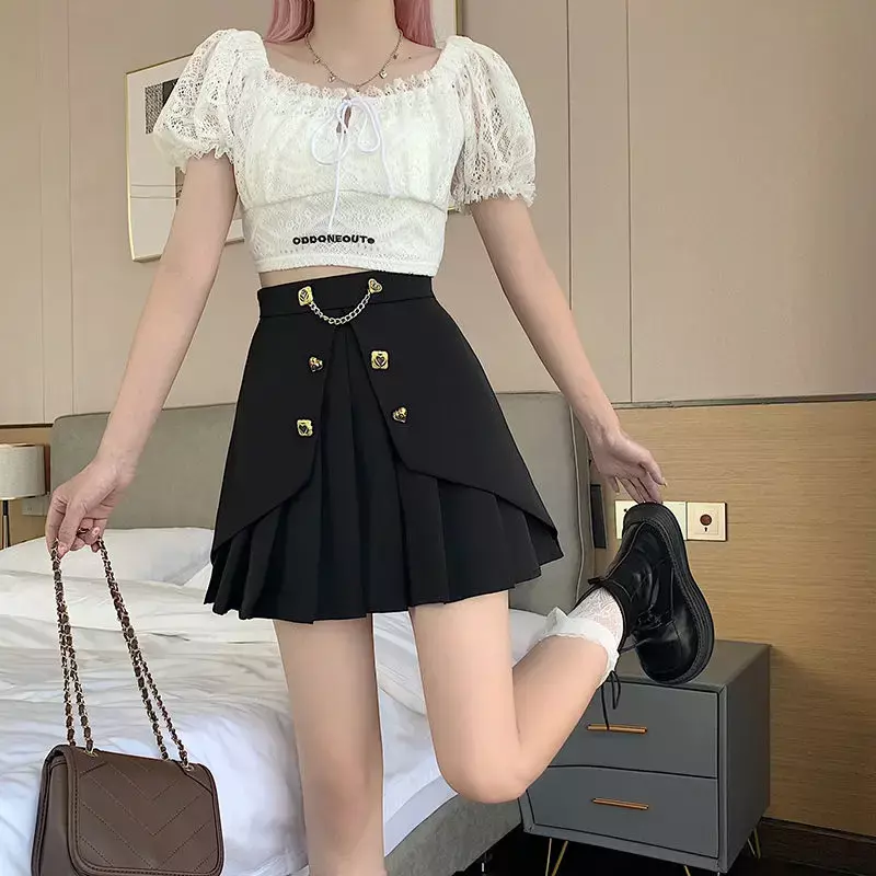 Spring Summer Solid Chain Slim Pleated Skirt Woman 2024 New Fashion Party Streetwear A-line Black White High Waist Mini Skirts