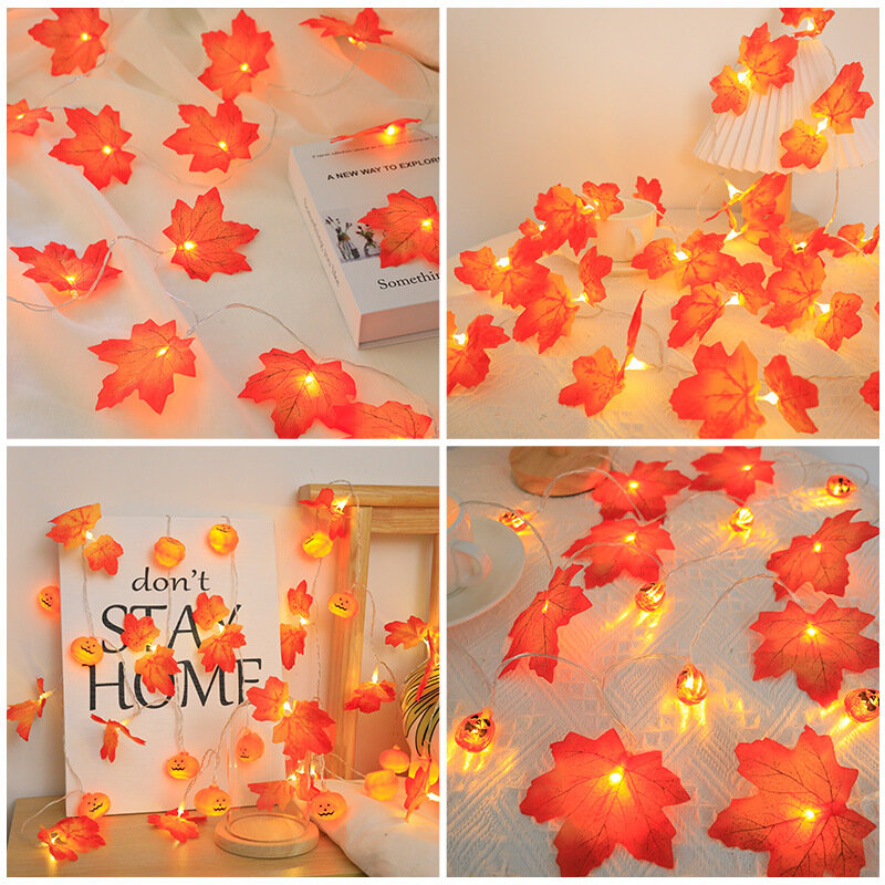 Lampu setrip labu daun Maple dekorasi, lampu hias karangan bunga musim gugur taman luar ruangan Halloween
