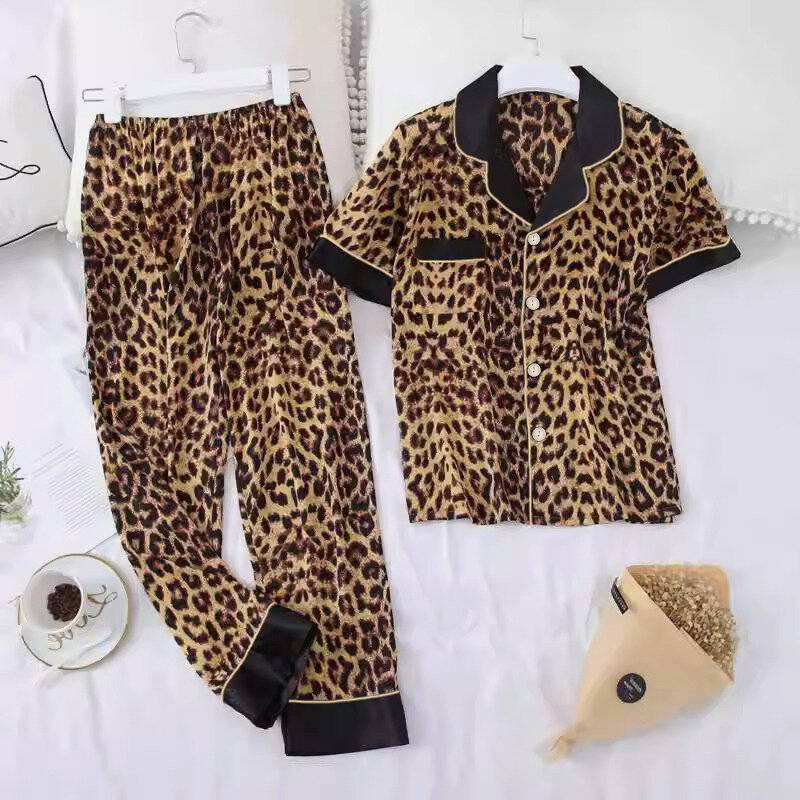 Conjunto de pijamas de seda falsa feminino, pijama com gola baixa, cetim, manga curta, leopardo, descanso, roupa de casa, fêmea, verão, outono