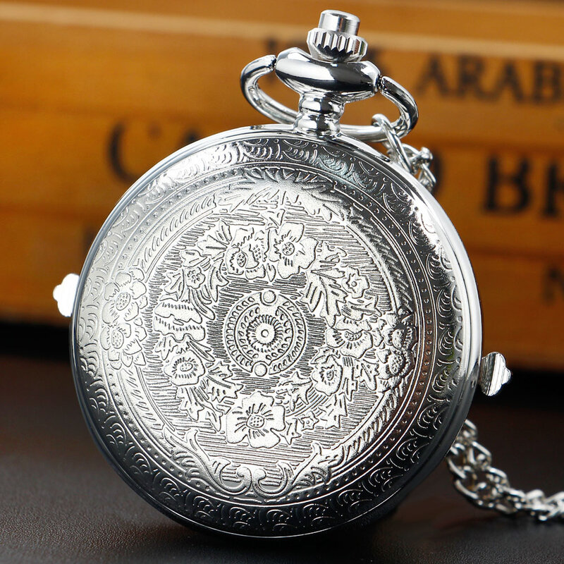 Reloj de bolsillo de cuarzo para hombre y mujer, pulsera clásica de lujo con diseño de esfera ahuecada de plata, collar con colgante neutro, regalo, novedad