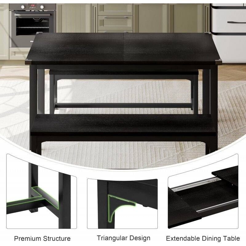 Feonase-拡張可能なダイニングテーブルセット,2つのベンチを備えたキッチンアクセサリー,小さなスペースが簡単,63インチ,3個