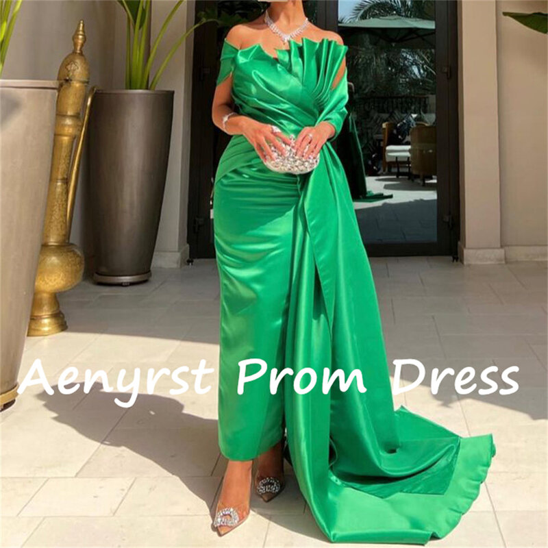 Aenryst Strapless Pleated Mermaid Evening Dresses Satin Sleeveless Cape Prom Dress Ankle Length Party Gown For Women Custom Made
