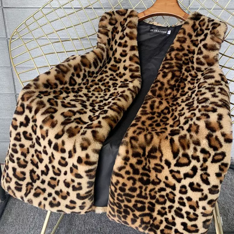 Женское пальто без рукавов, рифленая пуговица, Леопардовый принт, модная облегающая меховая свободная повседневная верхняя одежда, уличная одежда