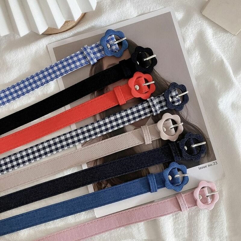 Cinturones de tela escocesa para mujer, cinturón de cuero PU que combina con todo, pretina de vestido, hebilla de flores, moda