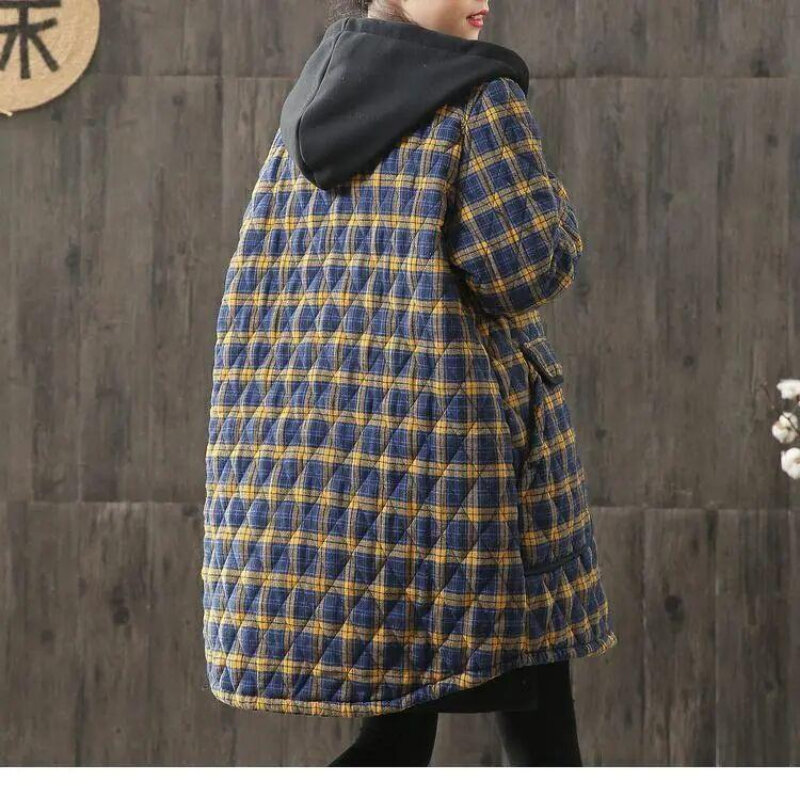 Manteau à Carreaux en Coton pour Femme, Vêtement Décontracté à Capuche avec lèvent, Nouvelle Collection Automne et Hiver 2023