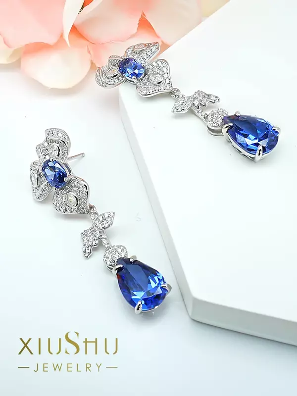 Desire nuovi orecchini di fiori con orecchini di gemme artificiali intarsiate in argento Sterling, Design alla moda e popolare per le donne con goccia d'acqua
