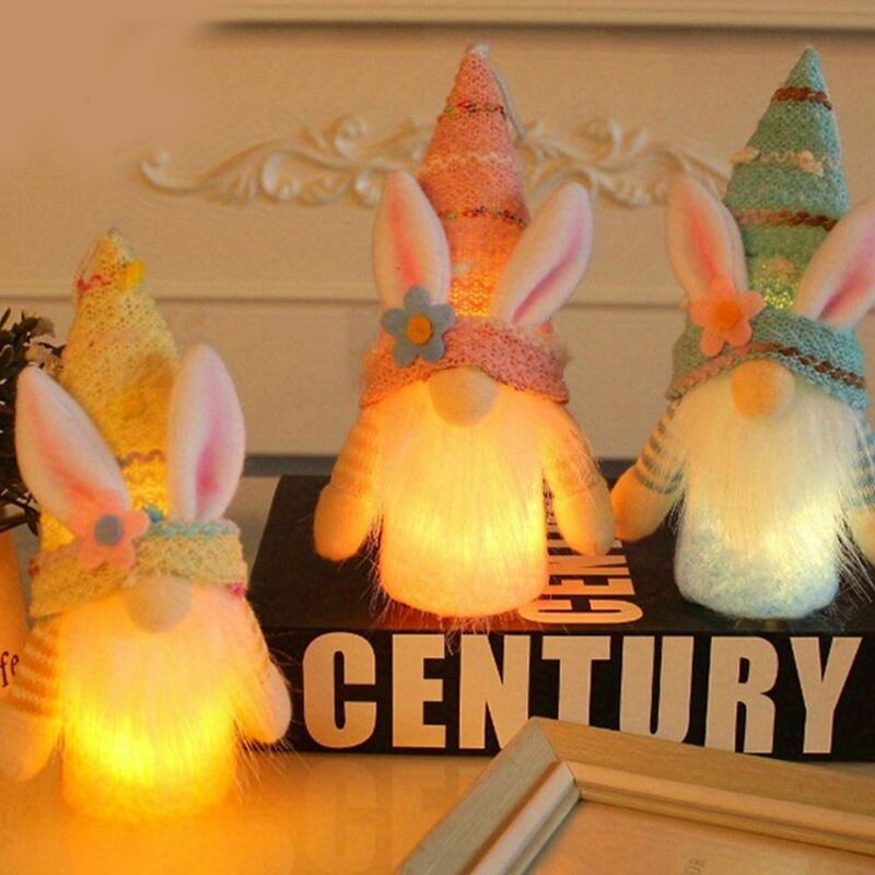 Boneca Gnome de Páscoa brilhante, Boneca sem rosto artesanal, Orelhas de coelho macias LED, Luminoso criativo, Janela artesanal