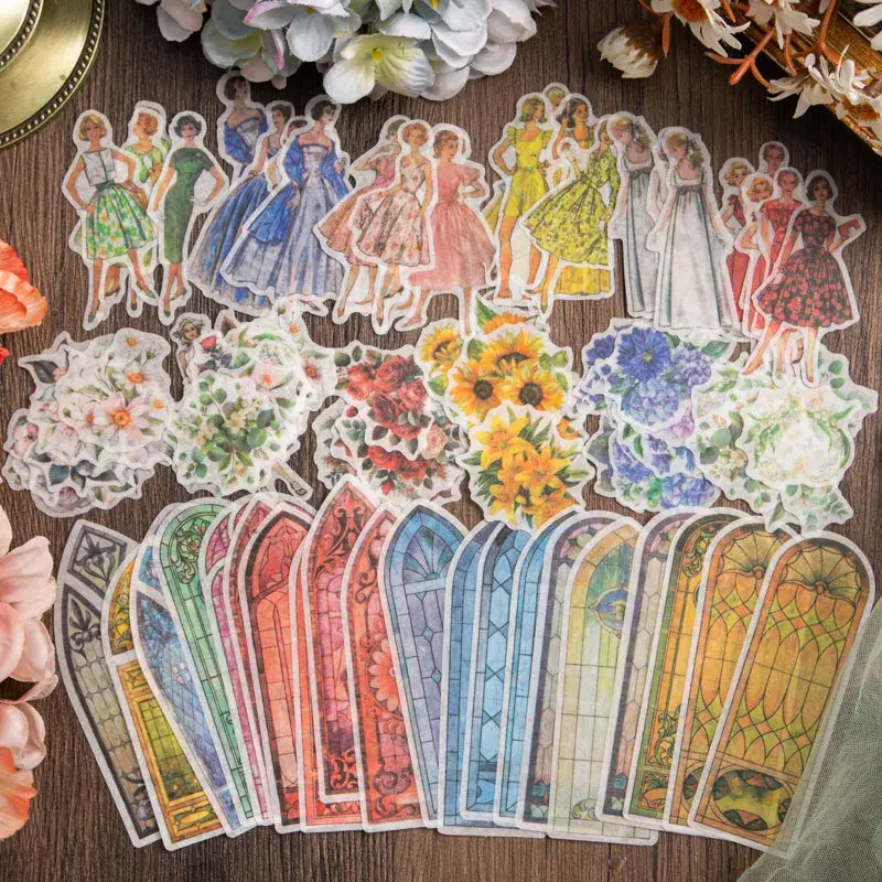 Stiker Ledger 40 buah untuk wanita gambar bunga bahan mode pakaian buku tempel perlengkapan dekorasi buku catatan ukuran 15x8CM baru