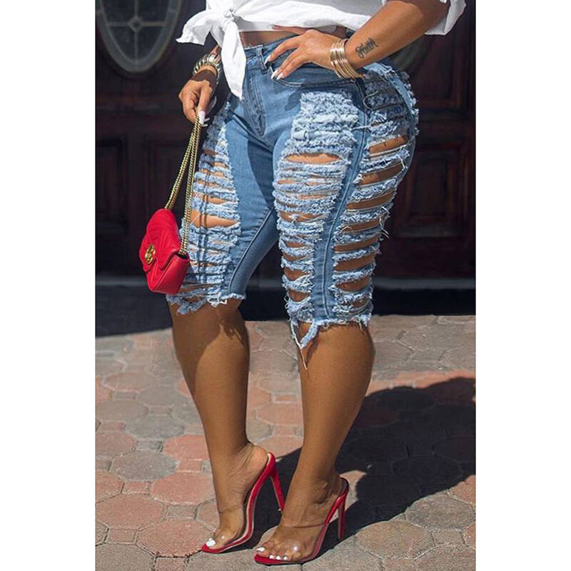 Plus Size Solid Ripped Skinny Denim Shorts