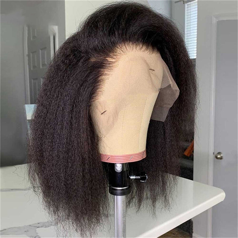 Glueless Kinky Straight Bob Wig HD Transparent 13x4 Lace Frontal Human Hair Wig Pre Plucked Malaysian Remy Yaki Straight Bob Wig