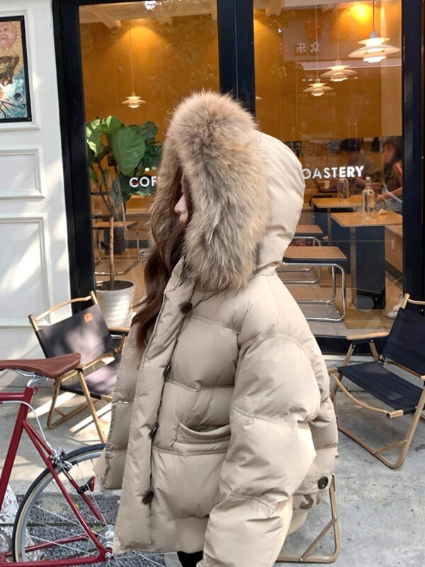 Miiiix-jaqueta com capuz de pato branco curto feminino, peito único, algodão, monocromático, moda coreana, inverno, 2023