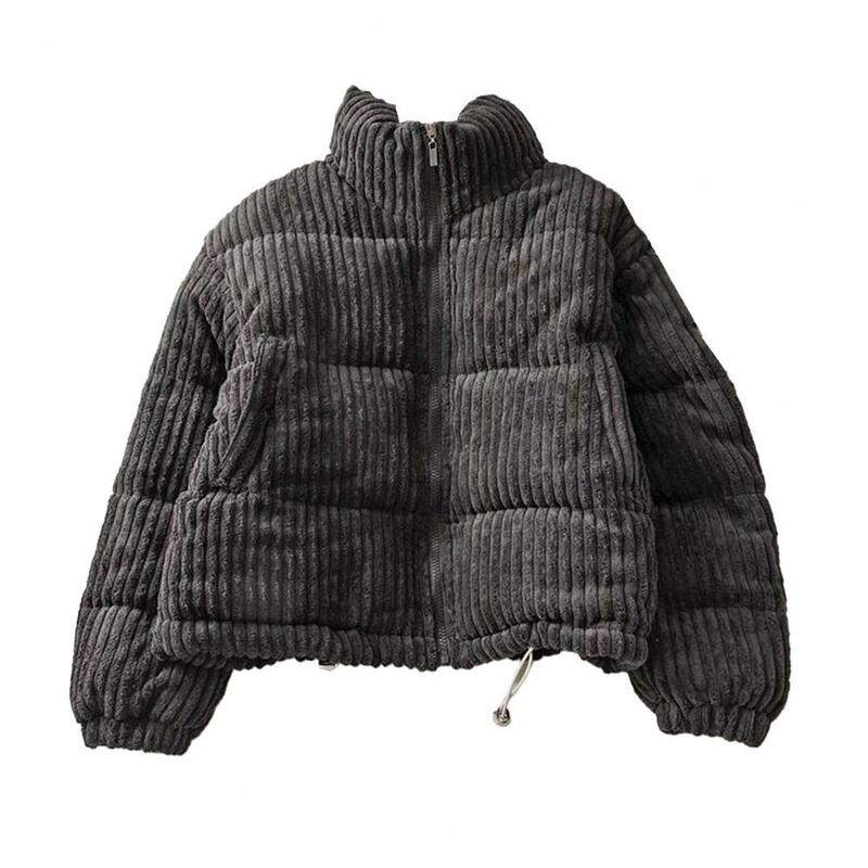 Auutmn mantel musim dingin wanita, jaket pelindung leher berdiri tekstur bergaris longgar tebal retensi panas luar ruangan