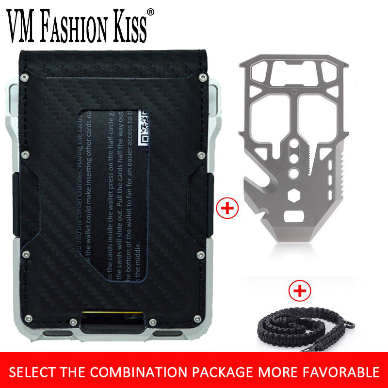 VM-Juego de billetera minimalista KISS, tarjetero de cuero genuino, Metal Rfid, antirobo, bolsa de dinero plegable, insignia de negocios