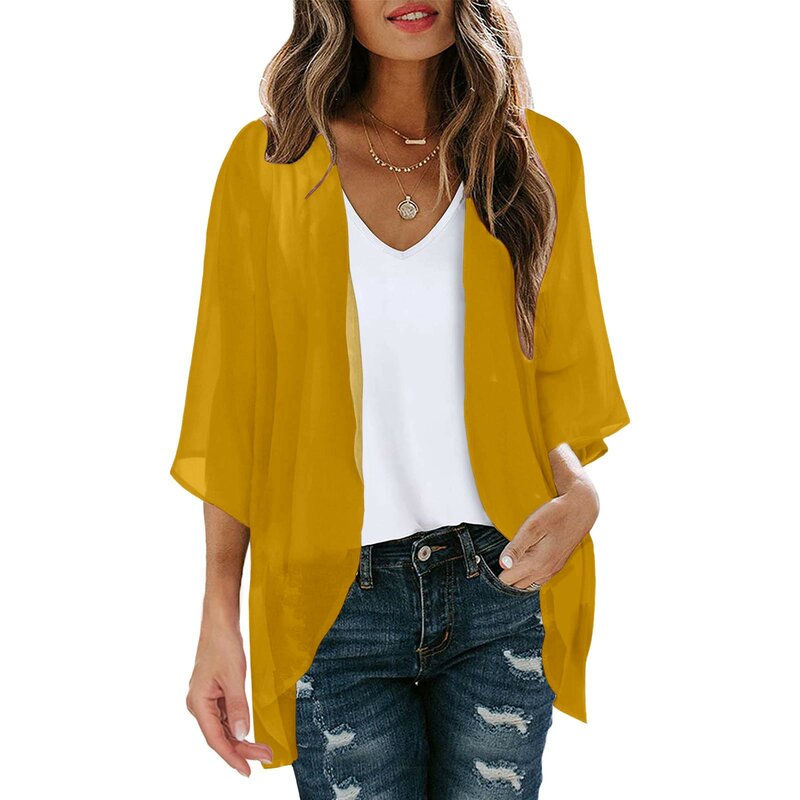 Womens Solid Elegant Puff Sleeve Chiffon Blouse Cardigan Loose Cover Up Casual Long Sleeve Tops Summer Plus Size Thin Tops
