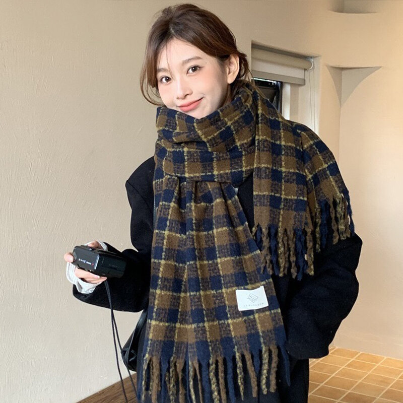 겨울 따뜻한 한국 캐시미어 스카프, 두꺼운 술 숄, 목 따뜻한 격자 무늬 긴 목, 성인 소녀 선물 액세서리