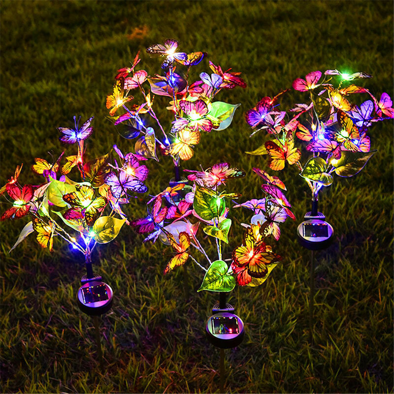 مصابيح شمسية للحدائق مع زهور وفراشة ، إضاءة الحديقة ، مصباح سدادات أرضية ، إضاءة حديقة مقاومة للماء ، ديكور للعطلات وعيد الميلاد