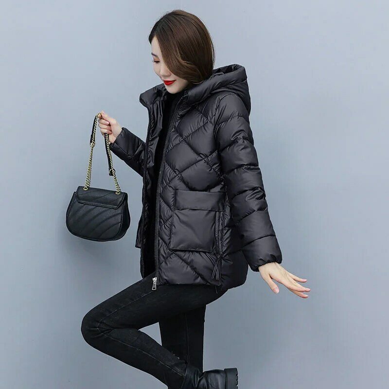 Jaqueta de algodão curto feminino, superfície grossa e brilhante, sem lavagem, com capuz, Inverno, Coreano, Novo, 2023