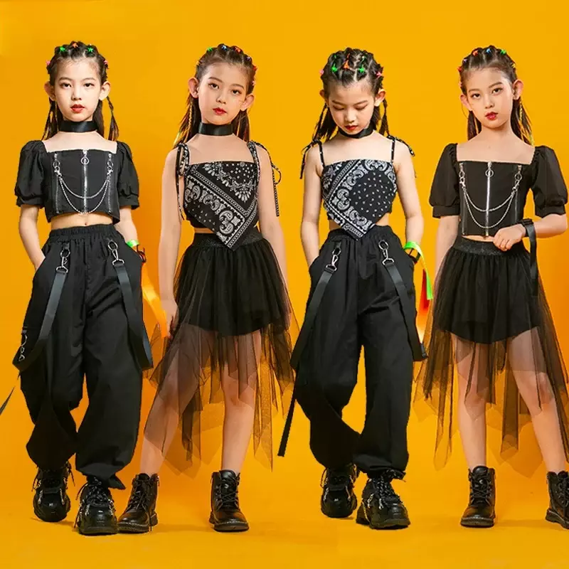 Kids Punk Hiphop Kleding Vierkante Hals Poff Mouw Crop T-Shirt Geplooide Mesh Rok Broek Voor Meisjes Jazz Dance Kostuum Set Kleding