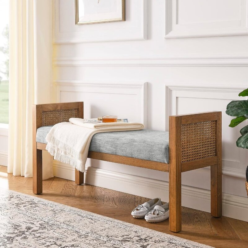 Banco tapizado de lino con patas de madera maciza para niños, silla de ratán, taburete de malla tejida, muebles para dormitorio