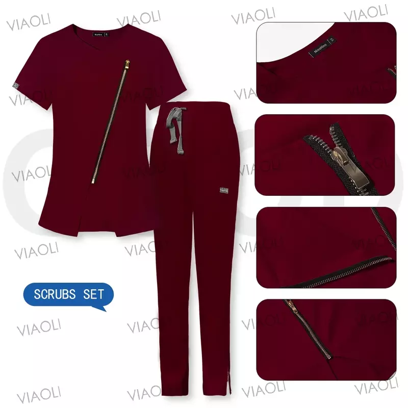 Zip Jacket+Pocket Pants Medical Uniform Women Scrub Set Nurse Accessories Hospital Dental Clinic Work Suit Beauty Salon Workwear