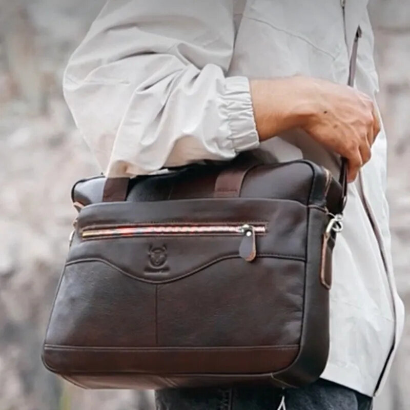 Tas kantor kulit asli Vintage pria, tas jinjing Laptop bisnis kualitas tinggi tas selempang mewah untuk pria