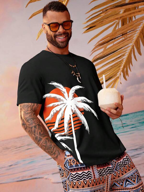 Calções casuais de manga curta com estampa praia Coconut Tree masculino, 2 confortáveis conjunto tudo-em-um, gola redonda