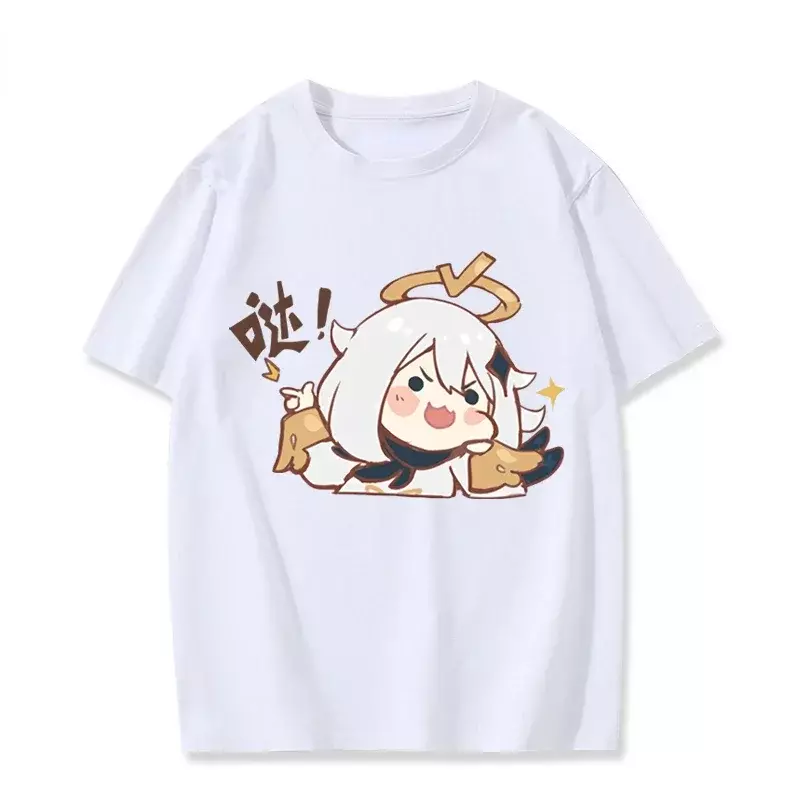 Camiseta Kawaii Paimon para mujer, camisa de manga corta Unisex de dibujos animados Genshin Impact, Top suelto informal de verano, ropa de calle Y2k