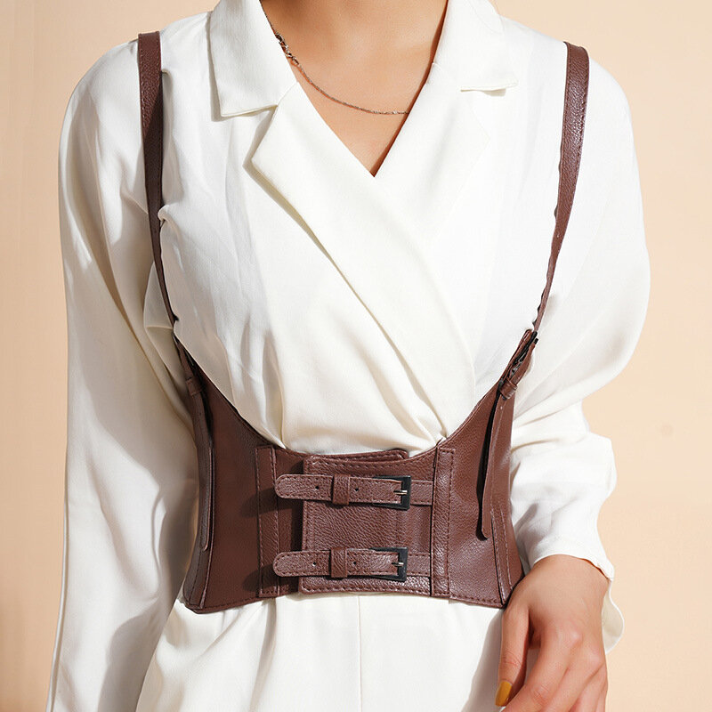 Cinturón de cintura de banda ancha de cuero PU para mujer, chaleco de soporte de pecho, hebilla de Metal, cordones, camisola ajustada femenina, corsés