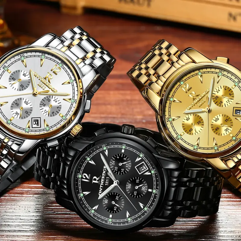 Золотые часы для мужчин люксовый бренд ONTHEEDGE Модные мужские деловые часы кварцевые часы мужские Хронограф водонепроницаемые светящиеся спортивные часы