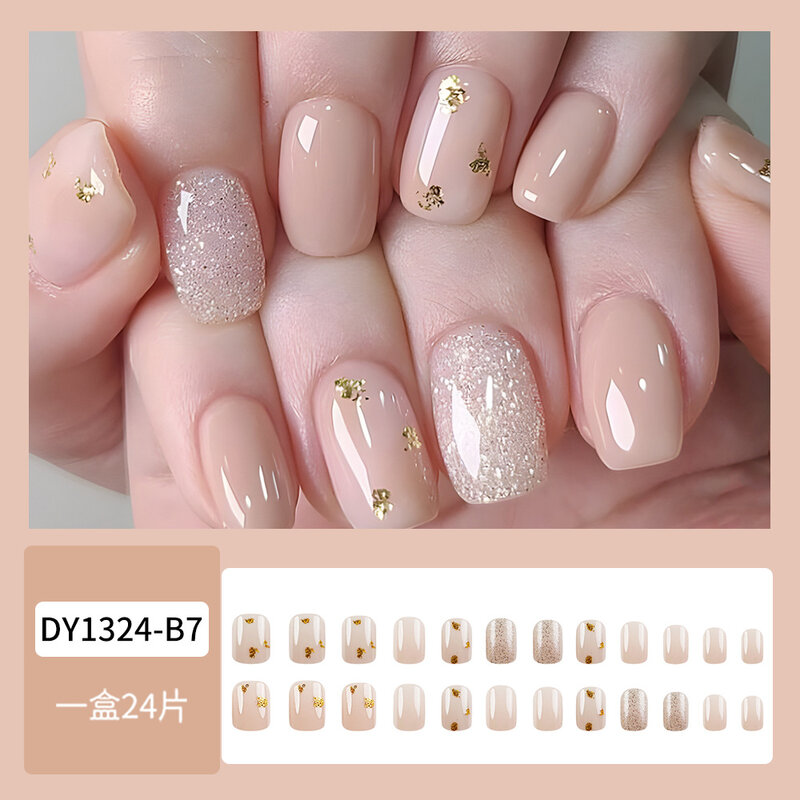 24pcs Press on Nails wearing gold foil French Ballerina Fake Nails With design False Nails Full Cover DIY Nail Tips