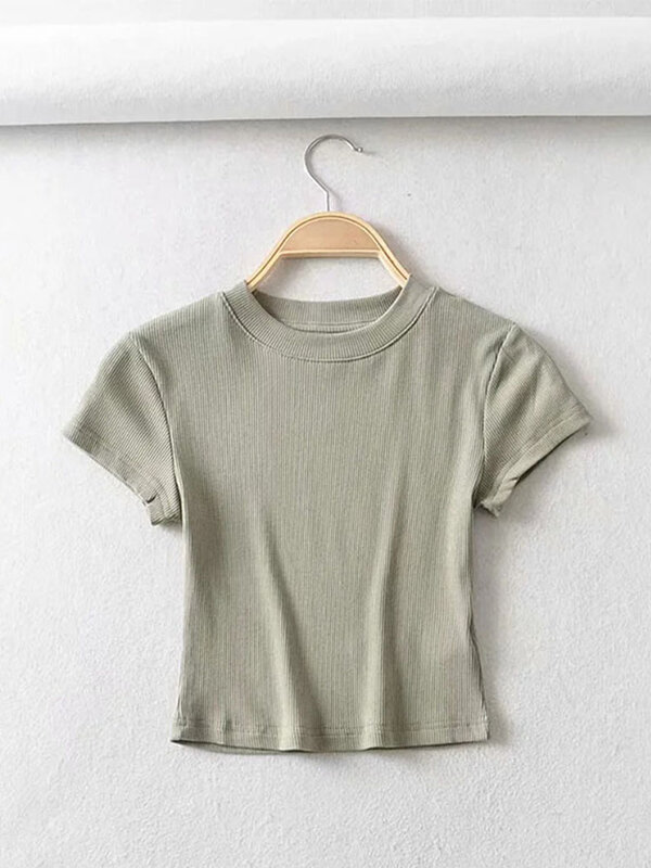 T-shirt Lengan Pendek Leher-o Wanita Seksi Musim Panas Atasan Crop Skinny Elastis Ramping