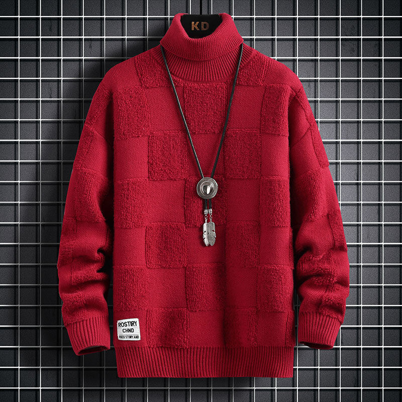 남성용 하이넥 두꺼운 따뜻한 스웨터, 고품질 한국 슬림 캐주얼 패션 브랜드, 루즈 체크 니트 풀오버, 겨울
