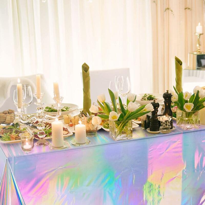 Mantel rectangular de papel de aluminio brillante, cubierta de mesa de comedor, decoración de banquete de fiesta de boda, arcoíris negro