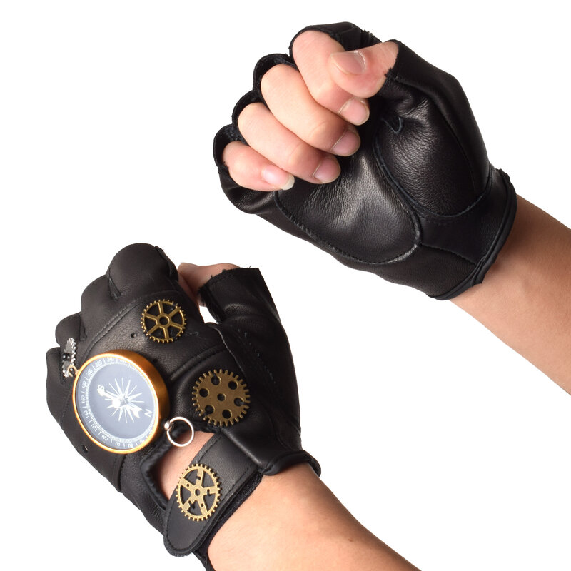 Steampunk PU Leather Fingerless Compass Gloves Men Women Fashion Hip Hop Punk Gloves Half Finger Gloves
