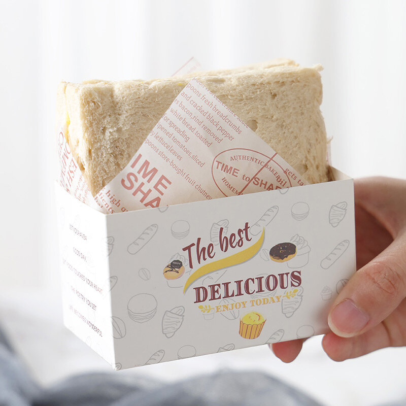 Produk kustom kertas pembungkus Sandwich tahan minyak cetak, kotak kertas kemasan roti isi sekali pakai