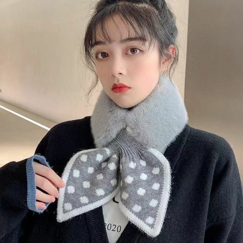 Korean Fashion Knitted Wave Point Bowknot Bib Winter Warm Fleece Neck Scarf Thickened Neck Cover Cross Neck Scarf