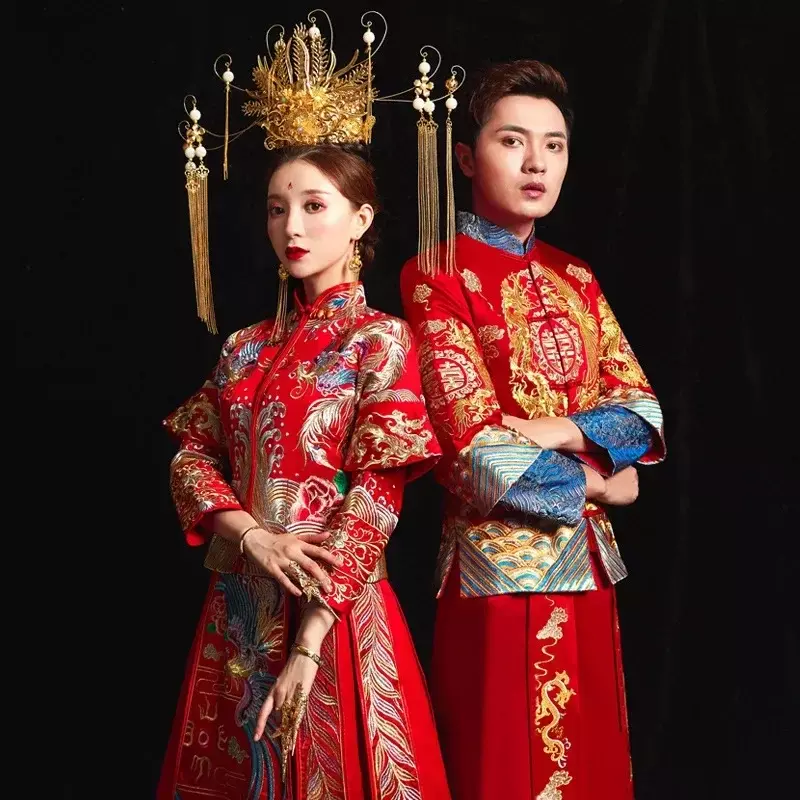 Vestido de casamento tradicional chinês para mulheres, Vestido longo de Qipao Xiuhe Cheongsam Bordado vermelho Estilo oriental, Roupa de casal