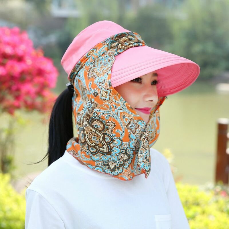 Topi Matahari Anti-UV Luar Ruangan untuk Musim Panas Wanita Mode Topi Cetak Bunga Tabir Surya Lipat Pantai Topi Lebar Wajah Leher