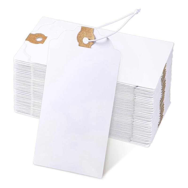 Kit label 120 pak dengan tali elastis, Set Kit label gantung dengan tali terpasang lubang yang diperkuat, tag dapat ditulis