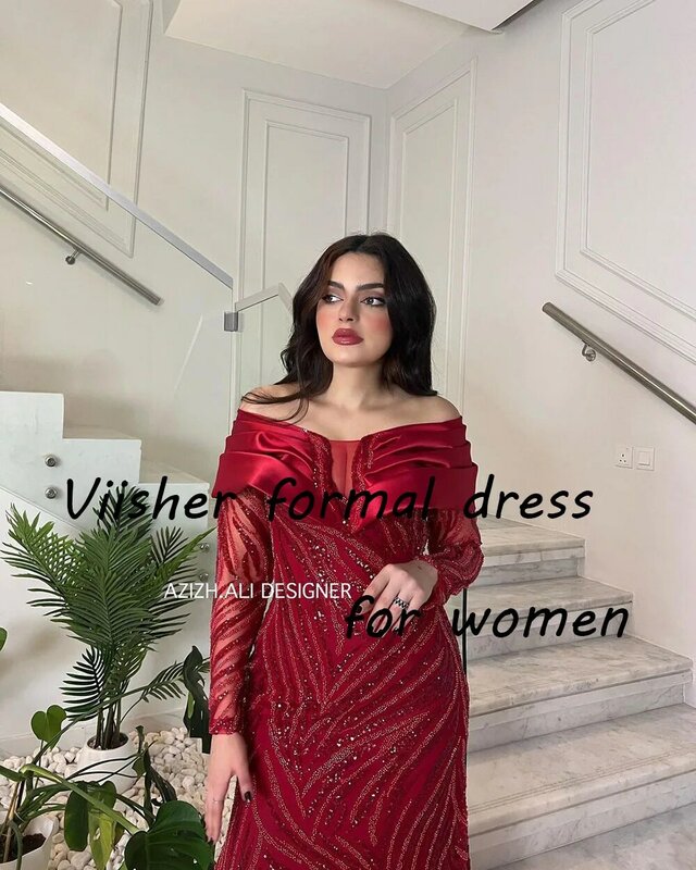 Red Mermaid Evening Dresses Off Shoulder Luxury Sequin Beaded Tulle Arabian  Formal Prom Dress Floor Length Wedding Guest Gown
