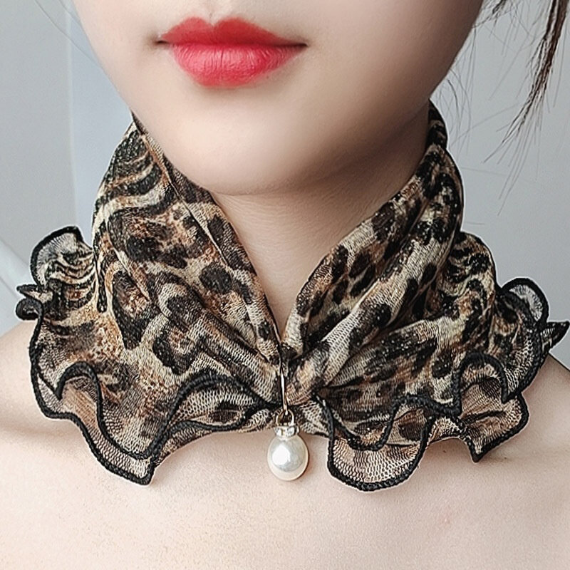 Новый шарф с подвеской из искусственного жемчуга, ожерелье, женский кружевной шейный воротник с принтом, шифоновый нагрудник, модные женские шарфы