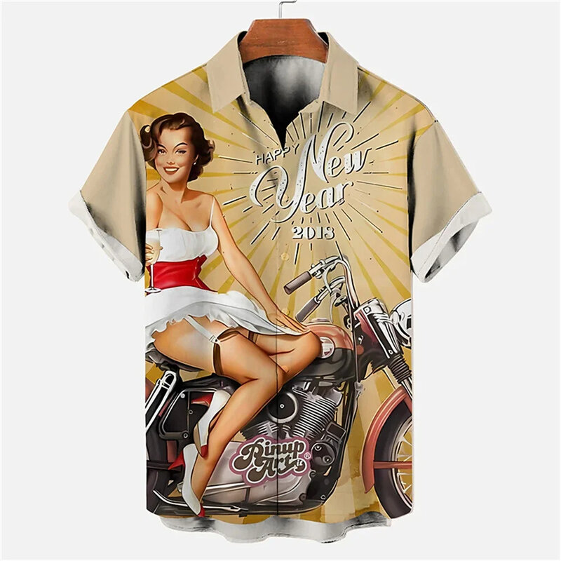 Camisa hawaiana con patrón impreso Digital en 3D para hombres, camiseta de motocicleta, Top de manga corta de calle, suelta, Retro, Sexy
